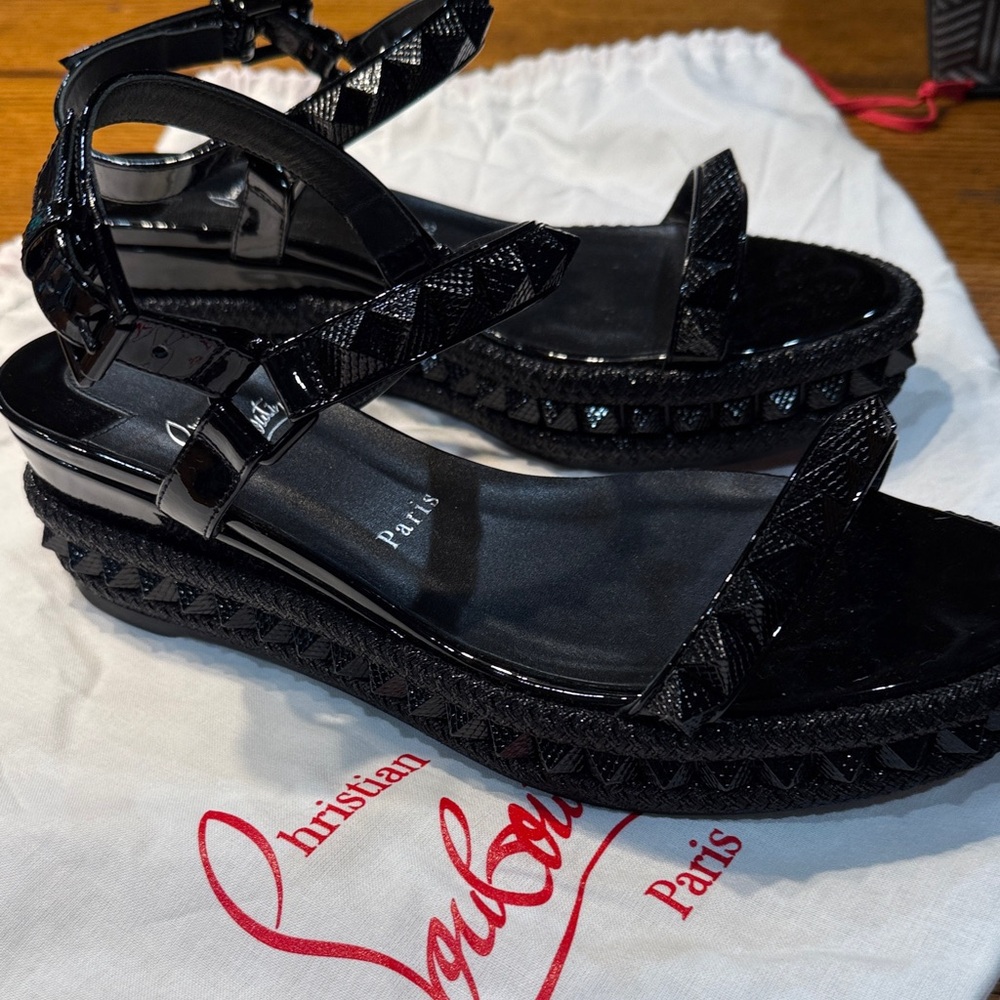 Christian Louboutin Glossy Black Wedge Sandals